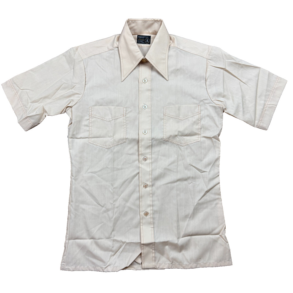 Mens Vintage 70s JC Penney Short Sleeve Button Disco Big Collar Mod Shirt Small